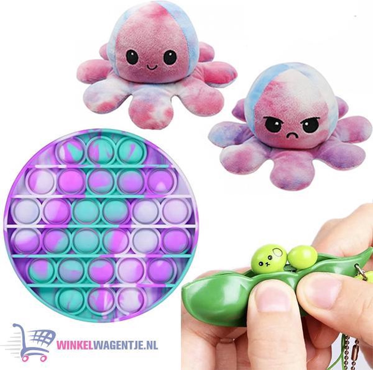 Pop It Fidget Toy (Lichtblauw/Paars/Roze) + Bean Popper + Octopus Mood Knuffel (Watercolor) | pop it fidget toy goedkoop, fidget toy, fidget toys pakket, fidget toys pop it, fidget toys stressbal, speelgoed voor kinderen, TikTok